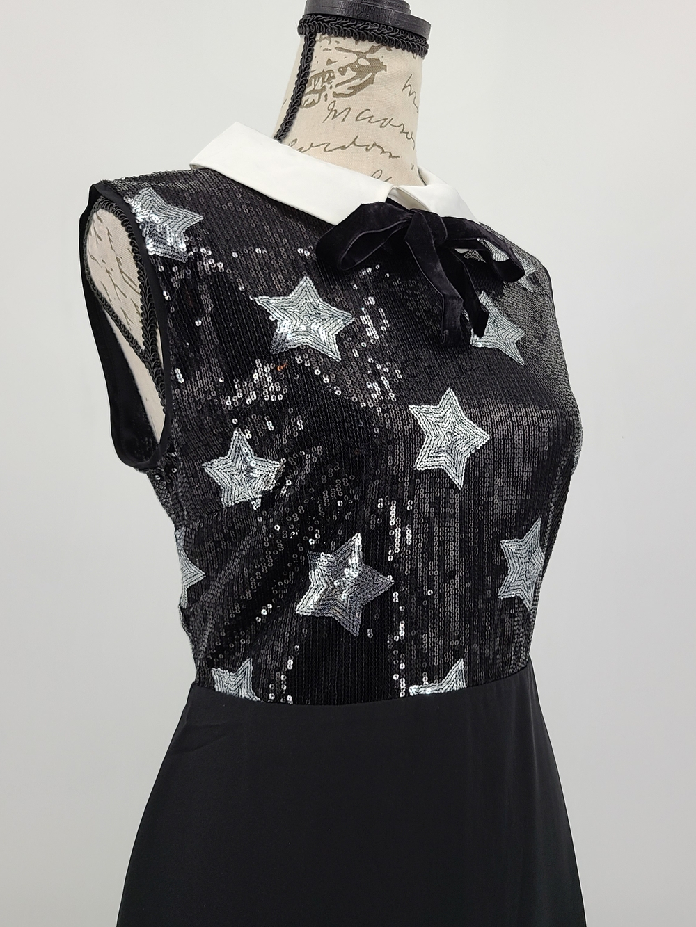 Modcloth Sequin Star A Line Dress with White Collar and Velvet Bow Size 8